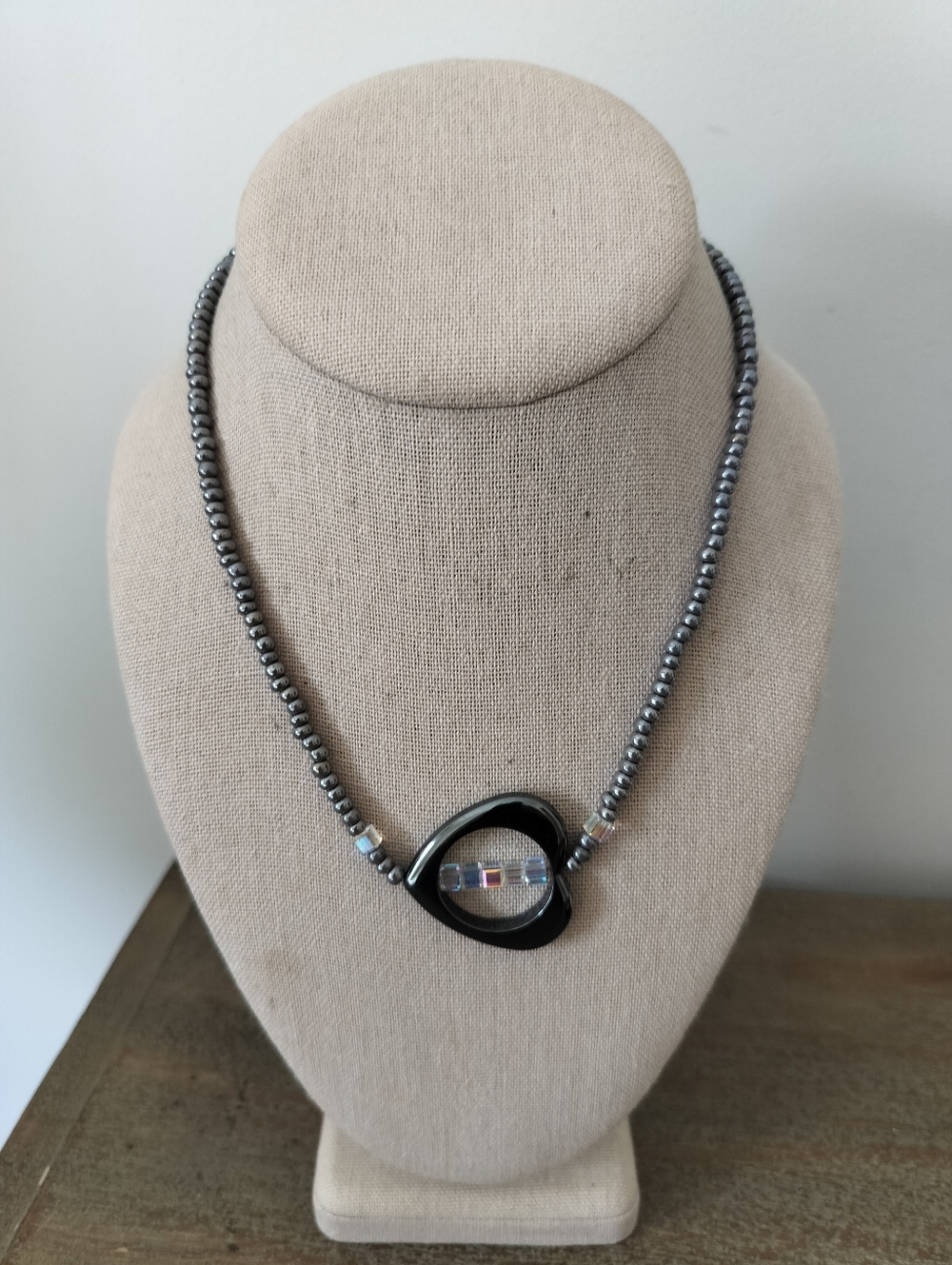 Gray Hematite Bead Necklace with Clear Accent Heart Pendant Claps 925